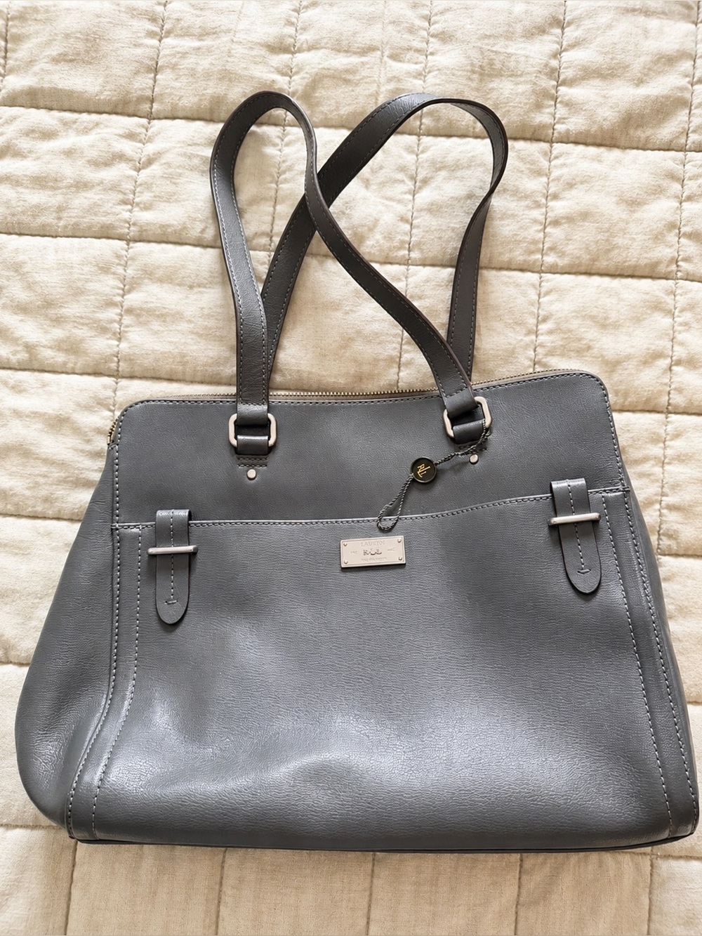 Lauren Ralph Lauren LRL Gray Leather Double Zip Satchel Tote Handbag